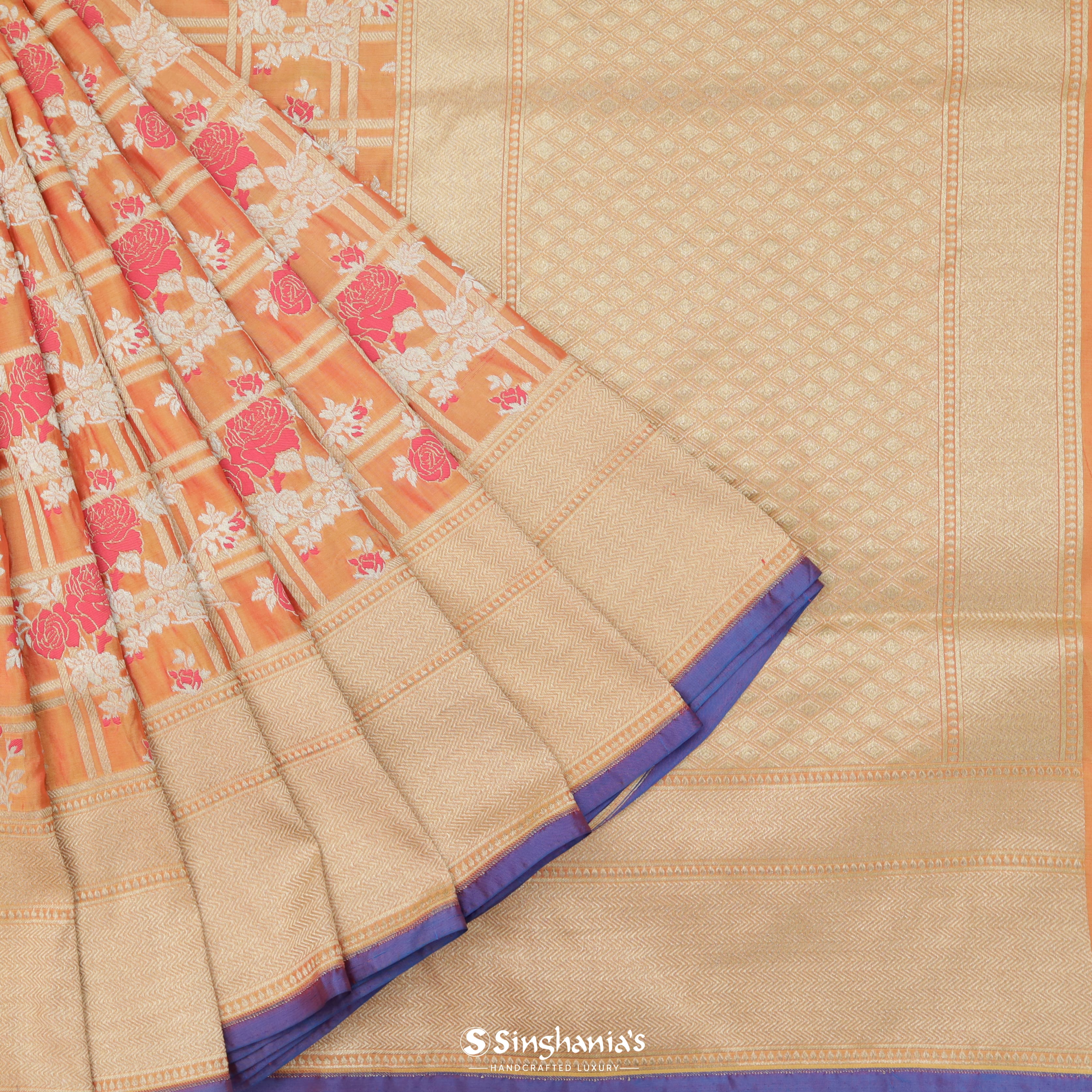 Fanta Orange Silk Banarasi Saree With Floral Pattern