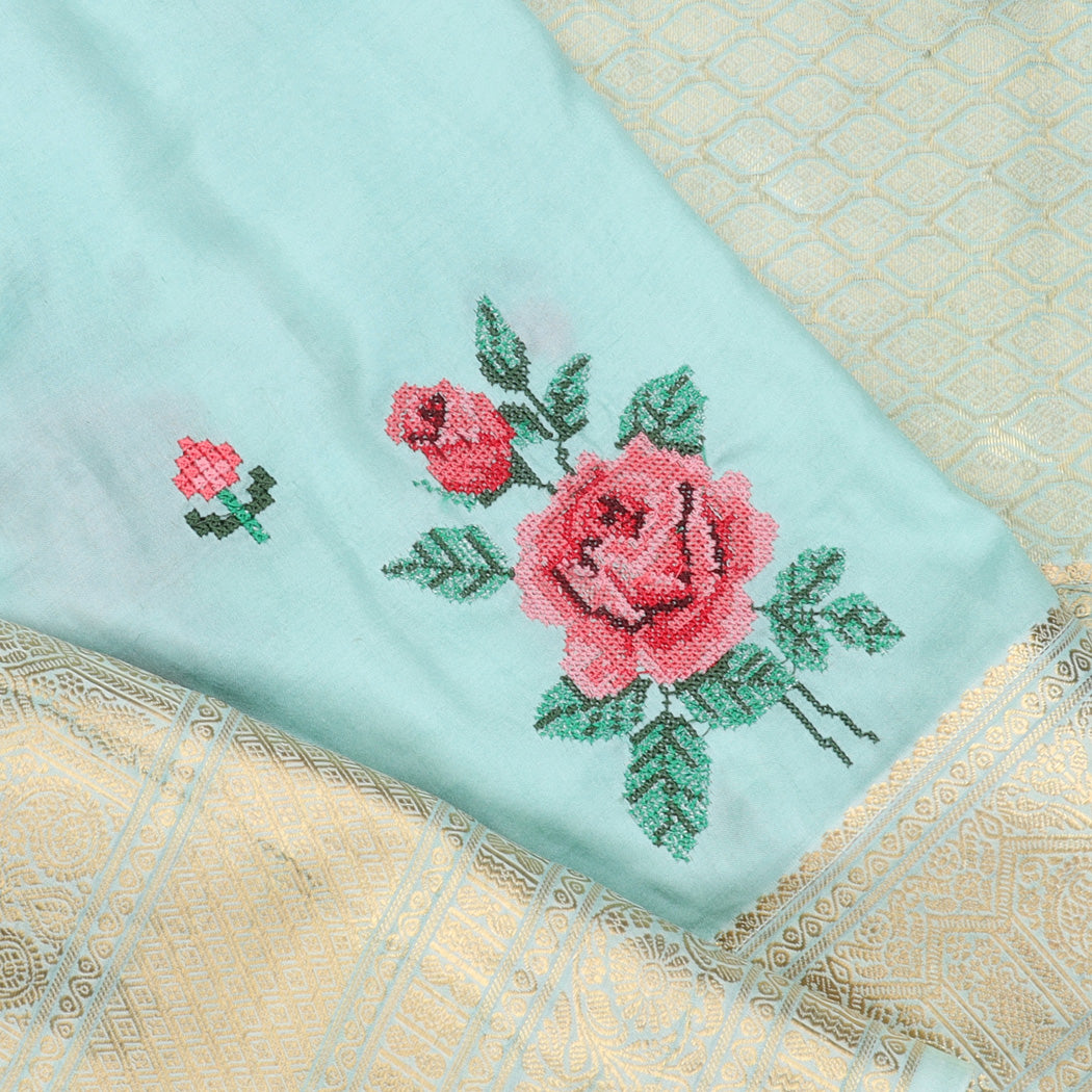 Pastel Blue Silk Saree With Floral Embroidery