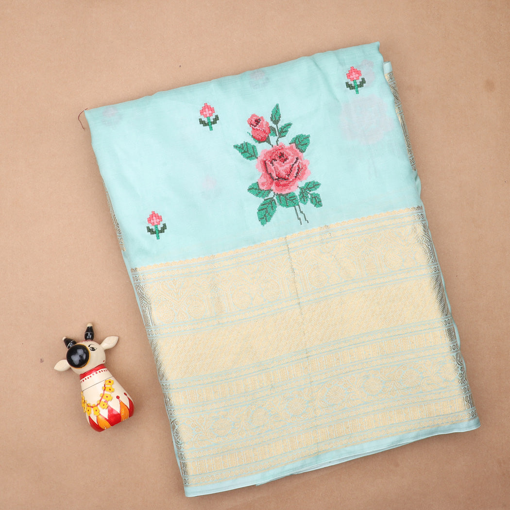 Pastel Blue Silk Saree With Floral Embroidery