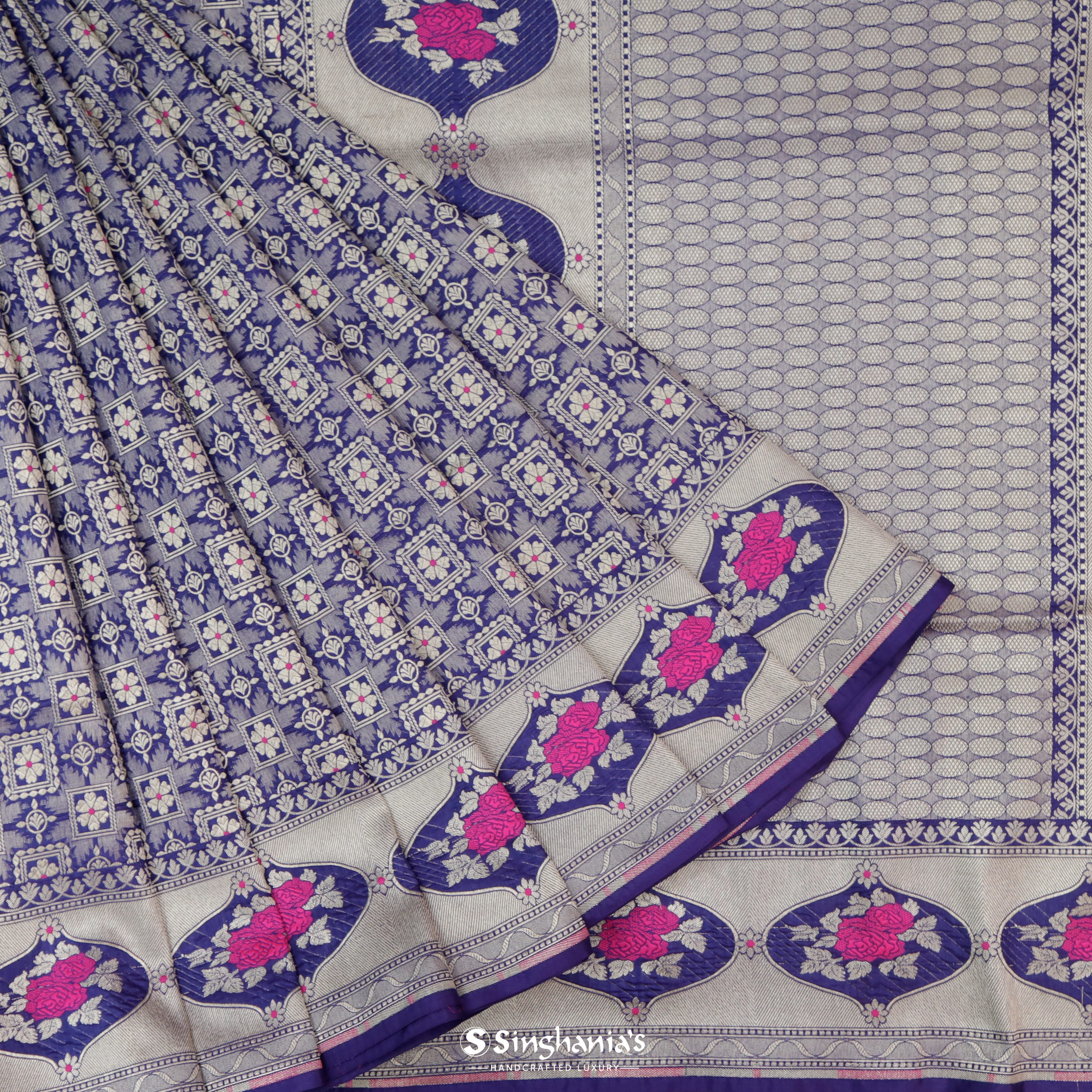 Bright Blue Silk Banarasi Handloom Saree With Geometrical Pattern