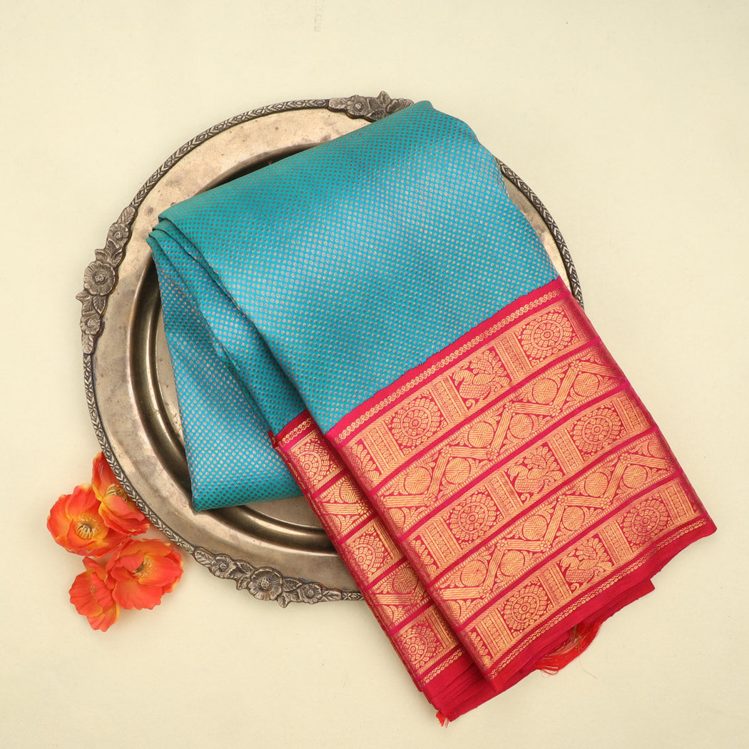 Cerulean Blue Kanjivaram Silk Saree With Tiny Buttis