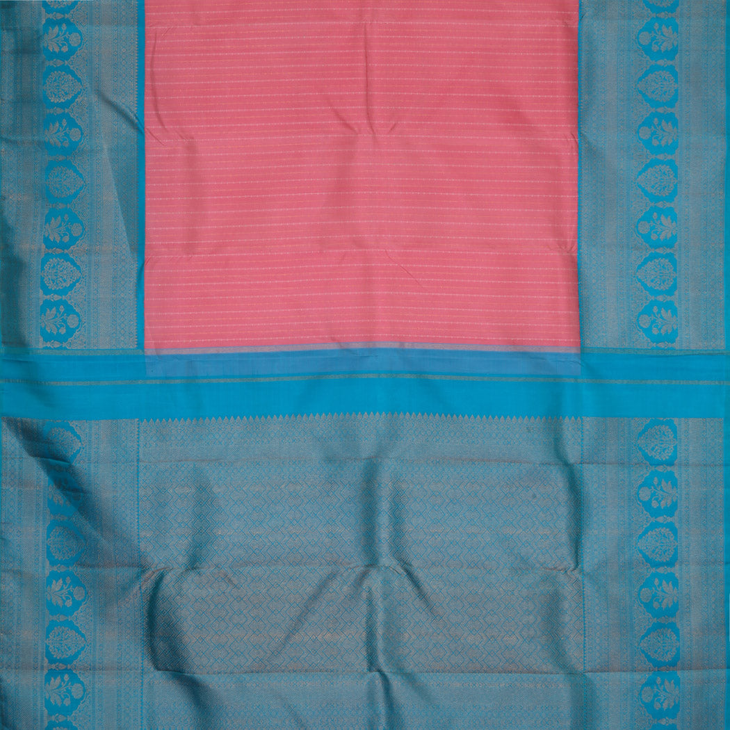 Watermelon Pink Kanjivaram Silk Saree With Stripes Pattern