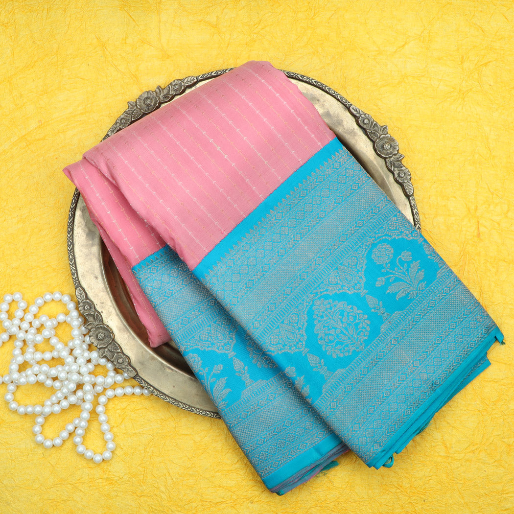 Watermelon Pink Kanjivaram Silk Saree With Stripes Pattern