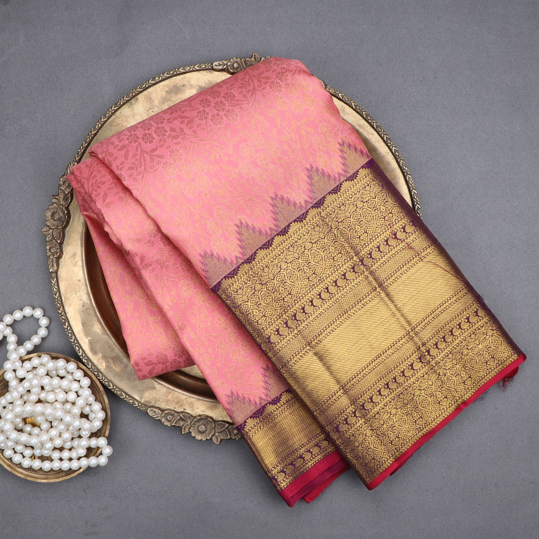 Salmon Pink Kanjivaram Silk Saree With Floral Pattern