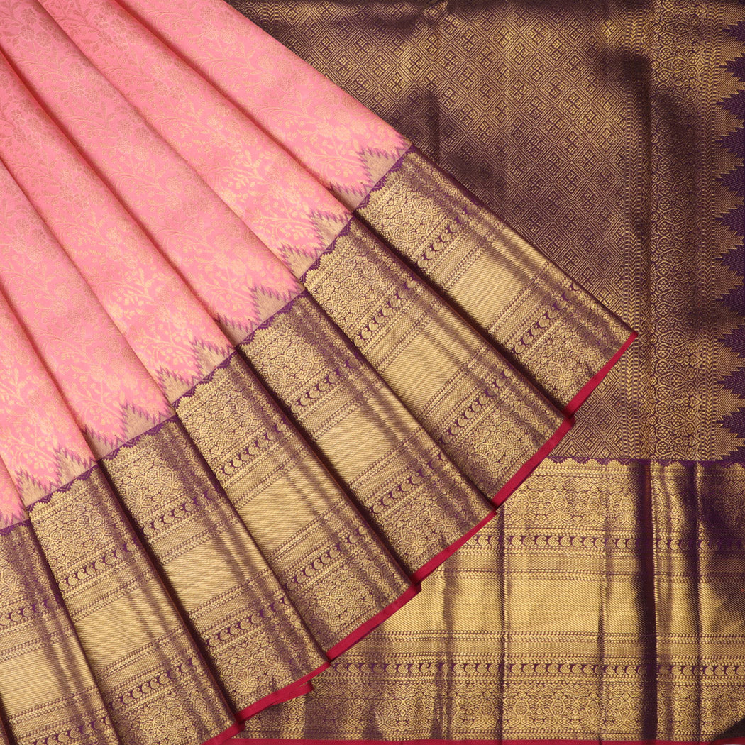 Salmon Pink Kanjivaram Silk Saree With Floral Pattern