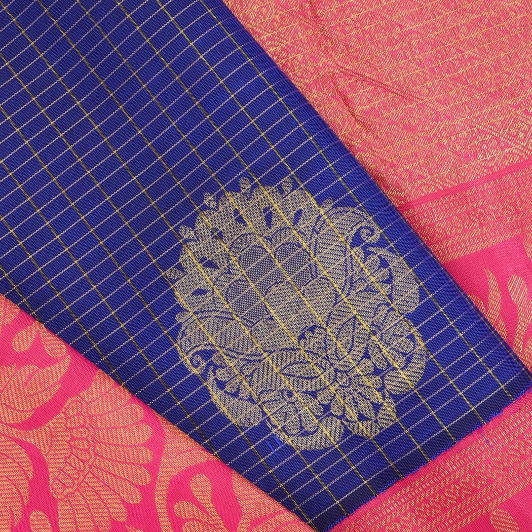 Dark Blue Kanjivaram Silk Saree With Floral Buttas