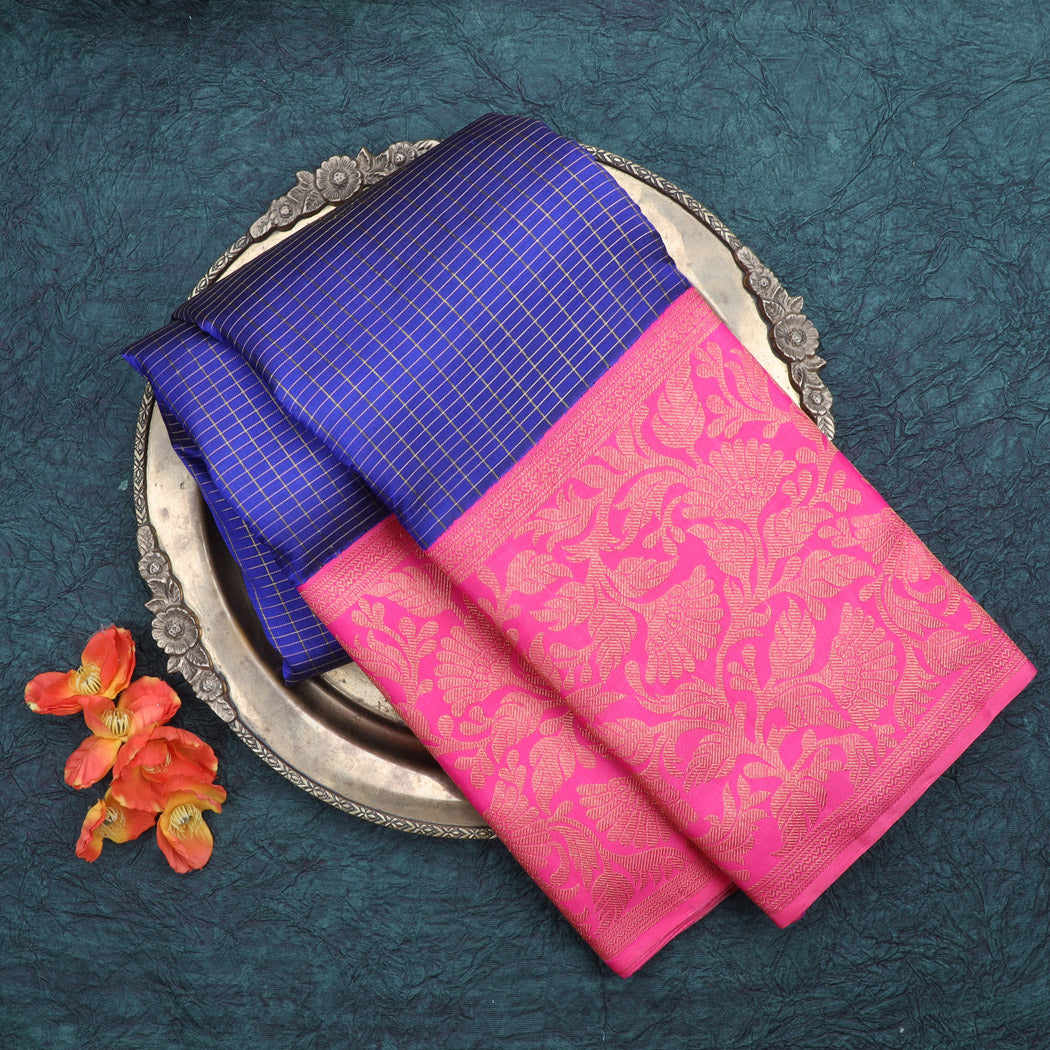 Dark Blue Kanjivaram Silk Saree With Floral Buttas