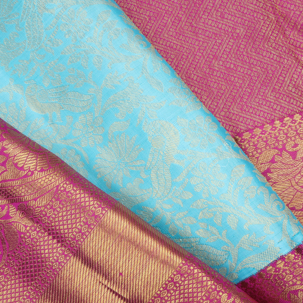 Bright Blue Kanjivaram Silk Saree With Floral Pattern