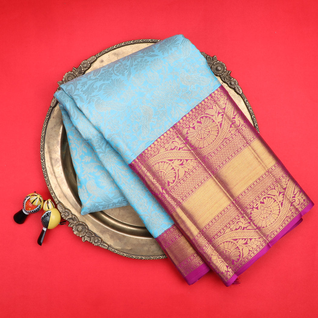 Bright Blue Kanjivaram Silk Saree With Floral Pattern