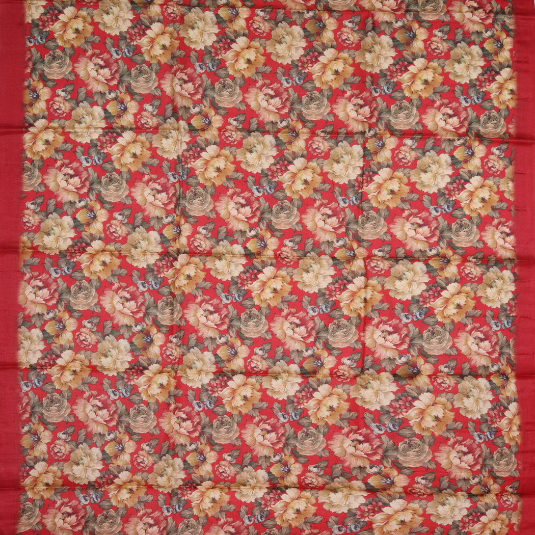 Brick Red Tussar Saree With Printed Floral Motifs