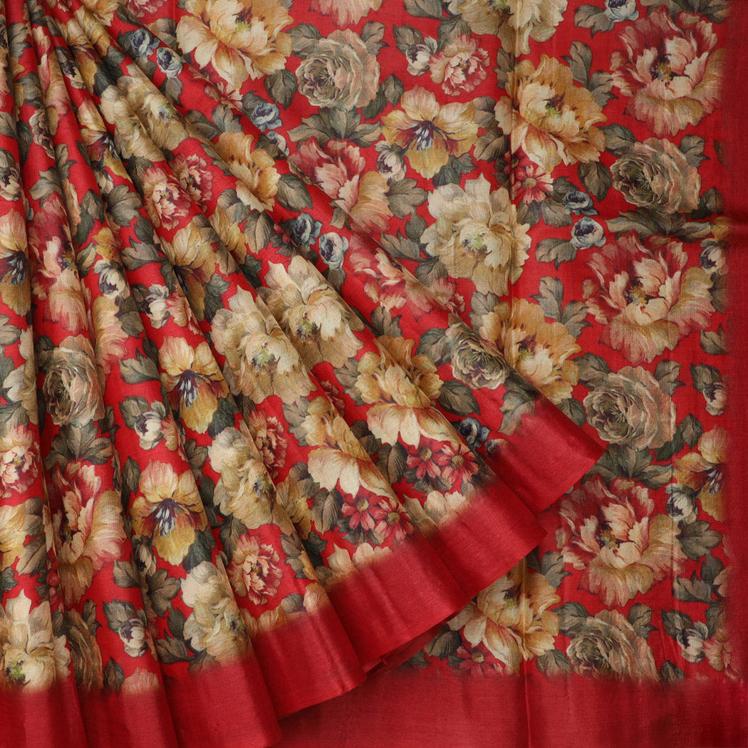 Brick Red Tussar Saree With Printed Floral Motifs