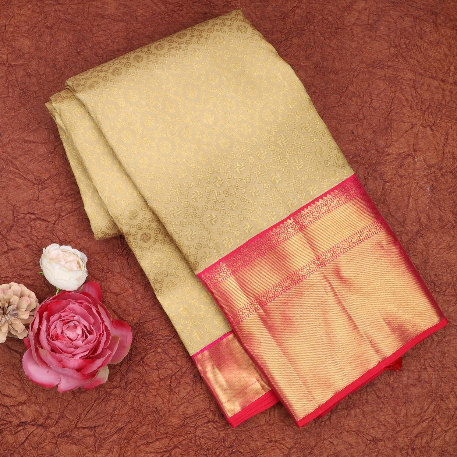 Cream Kanjivaram Silk Saree With Floral Pattern