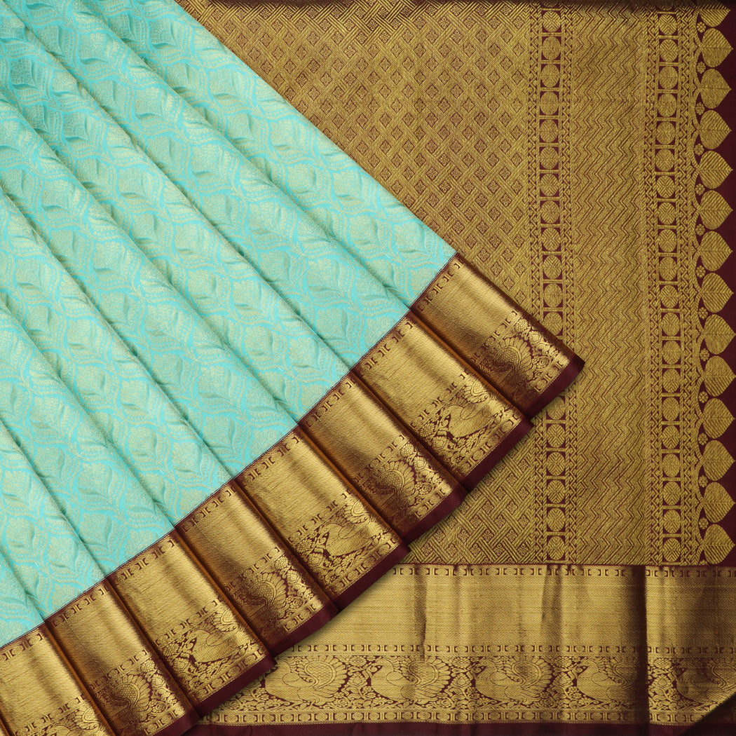 Bright Blue Kanjivaram Silk Saree With Floral Motif Pattern