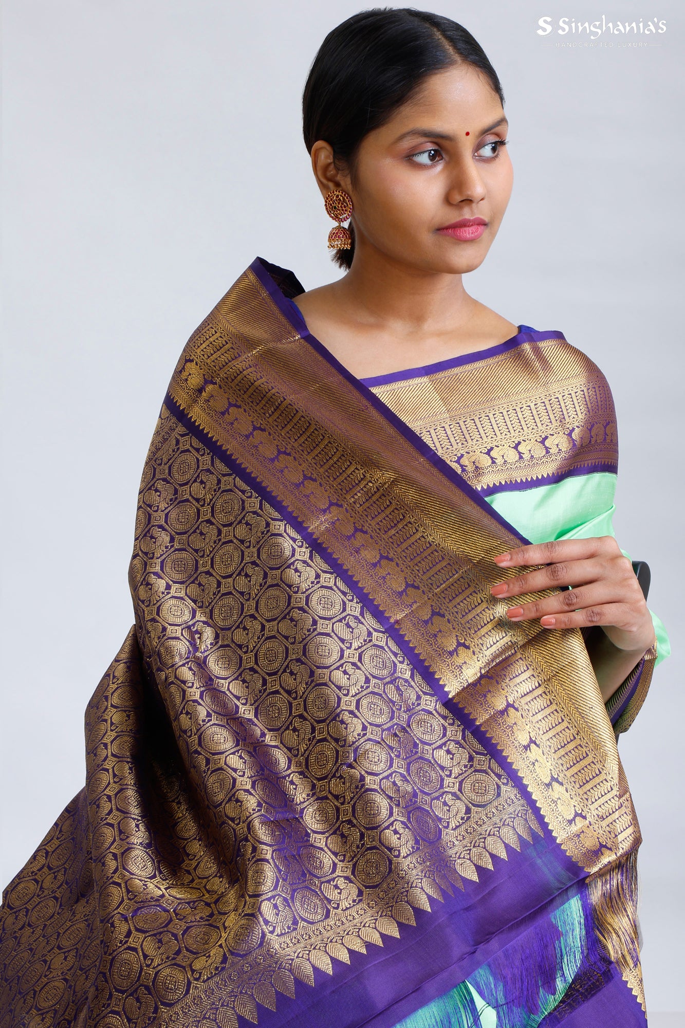 Seafoam Green Kanjivaram Silk Saree With Floral Chakra Motifs