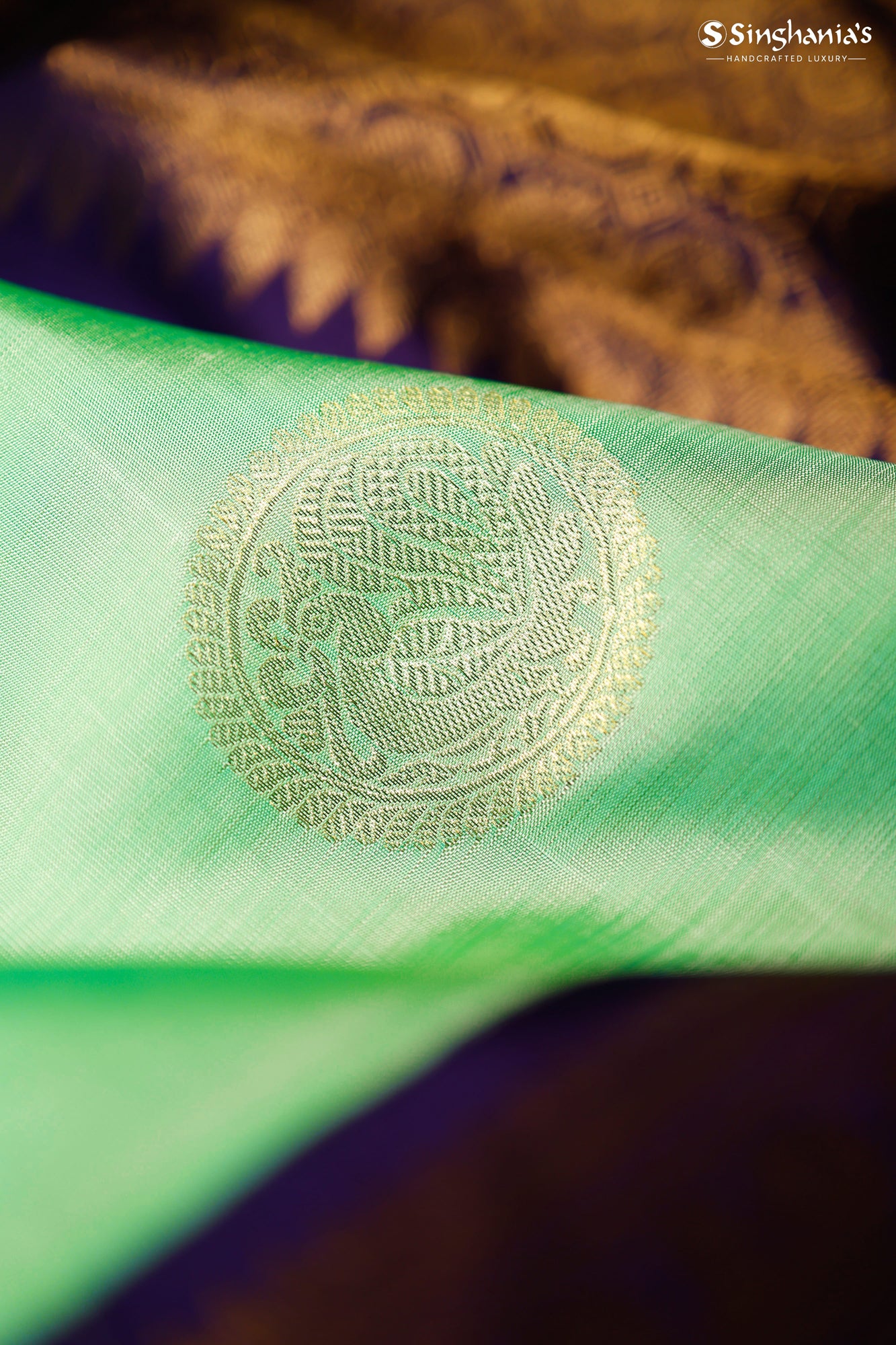 Seafoam Green Kanjivaram Silk Saree With Floral Chakra Motifs