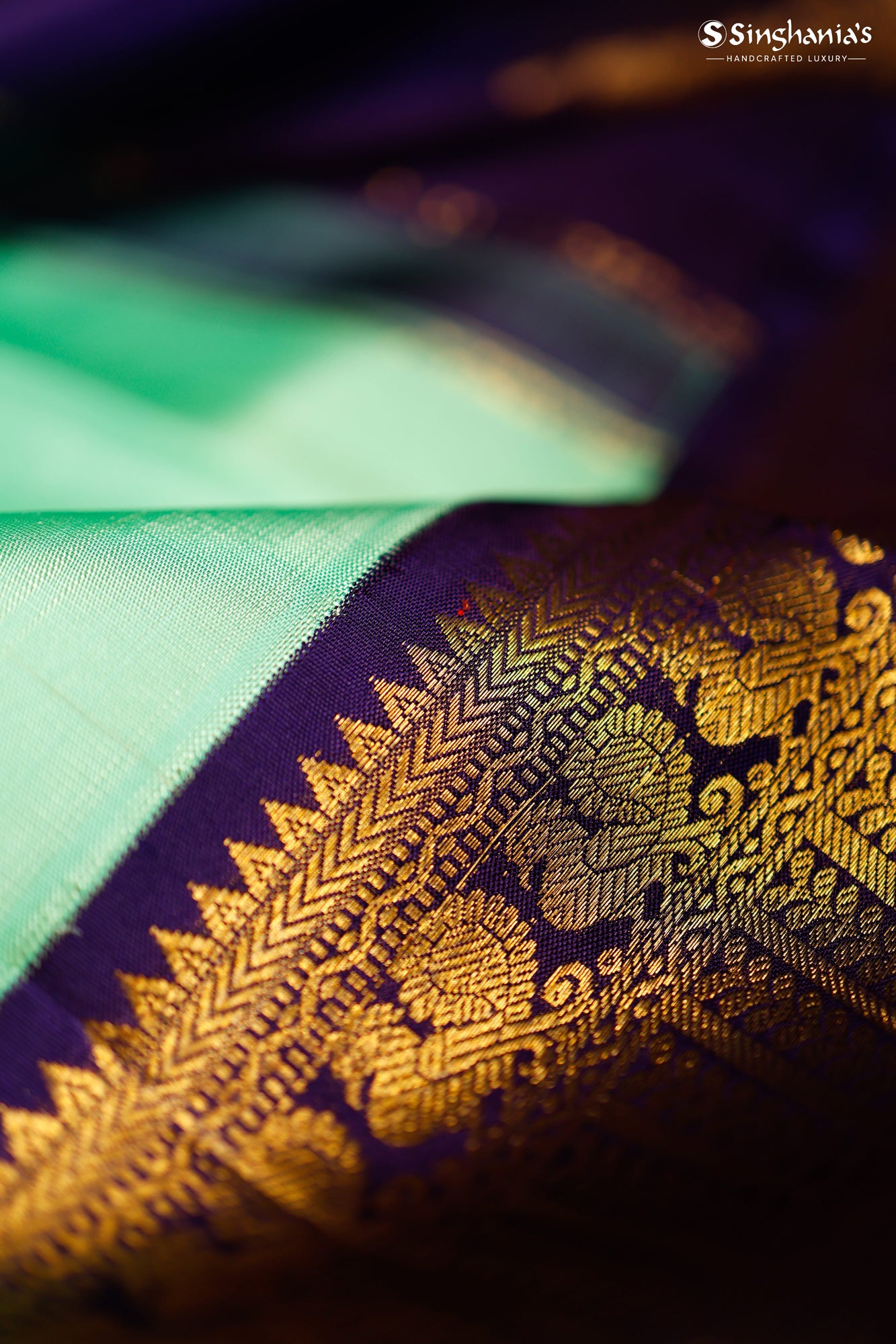 Seafoam Green Kanjivaram Silk Saree With Floral Chakra Motifs