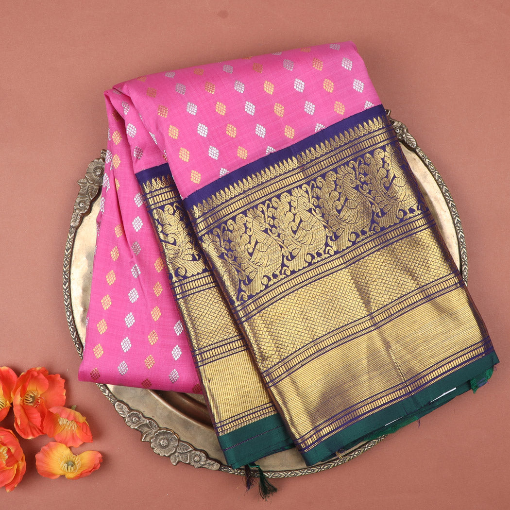 Flamingo Pink Kanjivaram Silk Saree With Tiny Floral Buttis