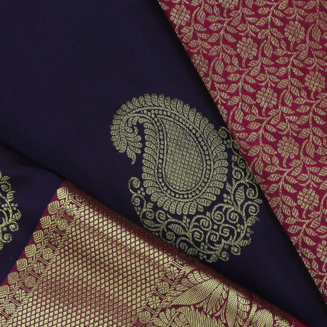 Dark Blue Kanjivaram Silk Saree With Floral Paisley Motifs