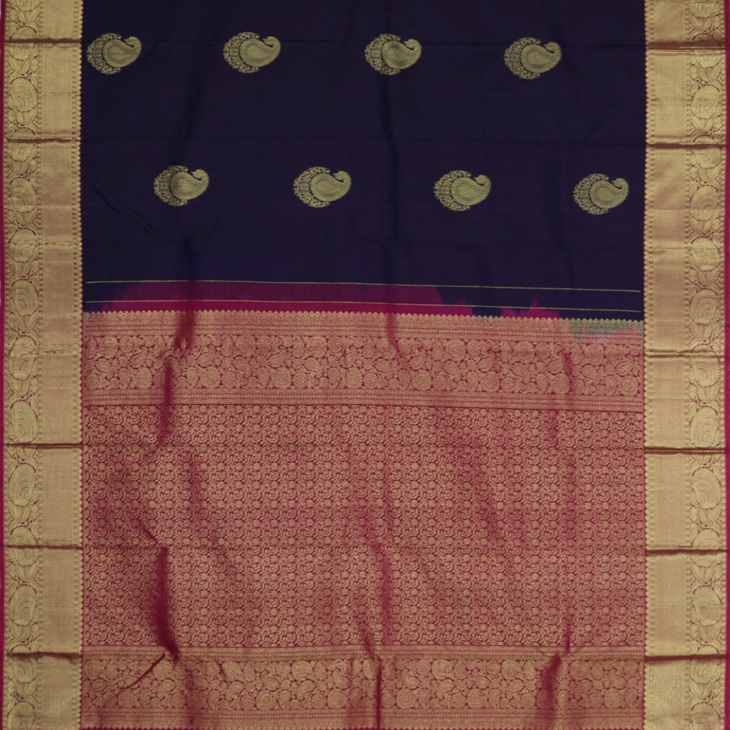 Dark Blue Kanjivaram Silk Saree With Floral Paisley Motifs