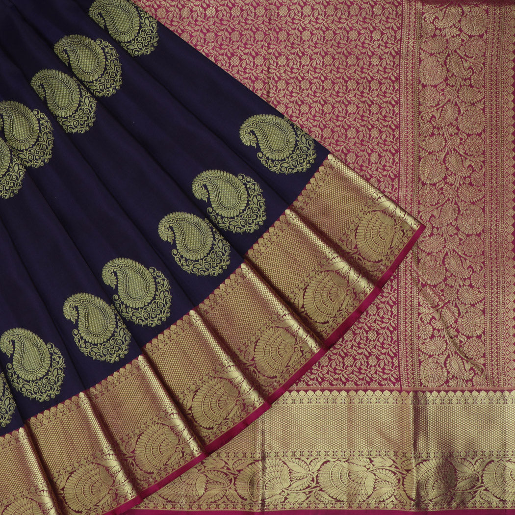 Dark Blue Kanjivaram Silk Saree With Floral Paisley Motifs