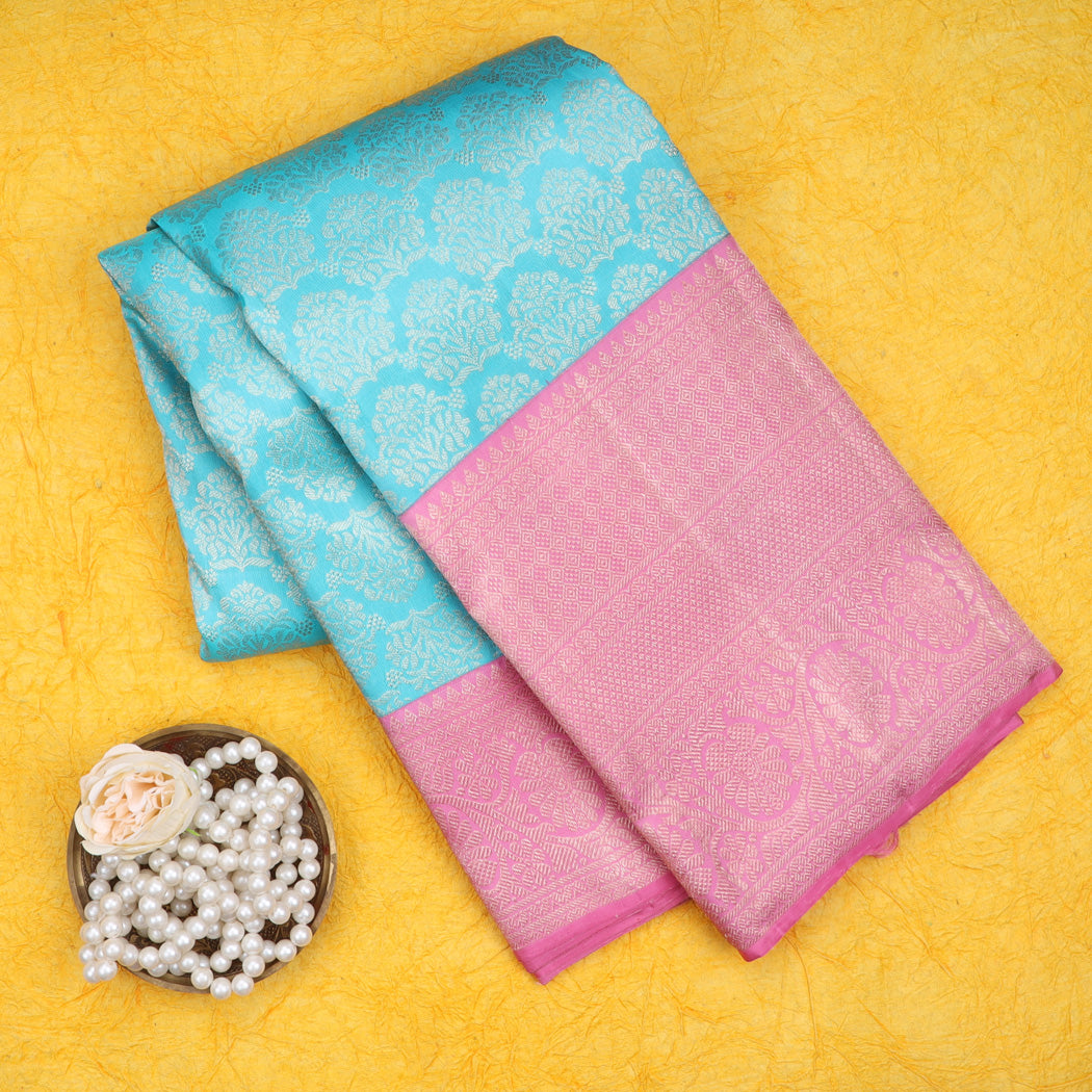 Bright Blue Kanjivaram Silk Saree With Floral Motif Pattern