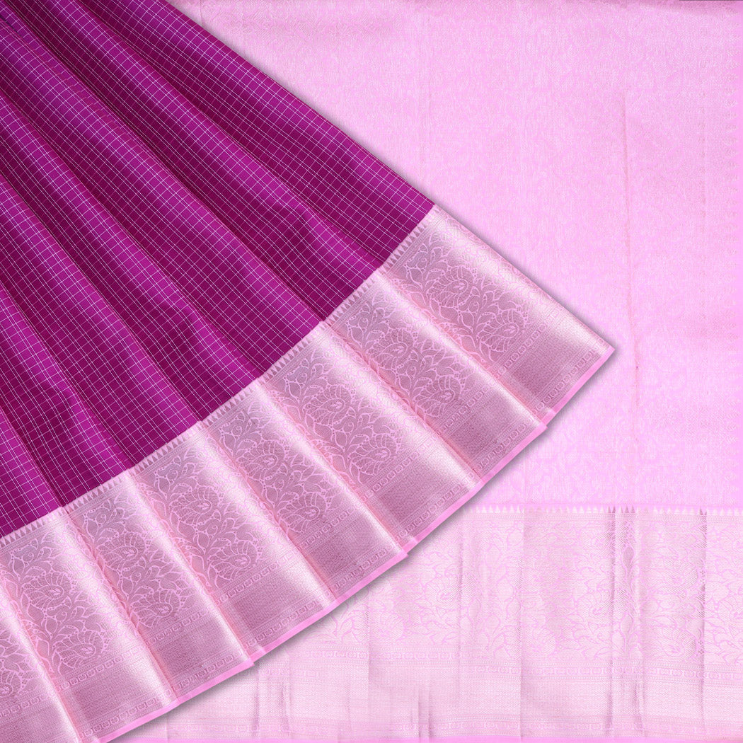 Rani Pink Kanjeevaram Silk Saree With Checks Pattern