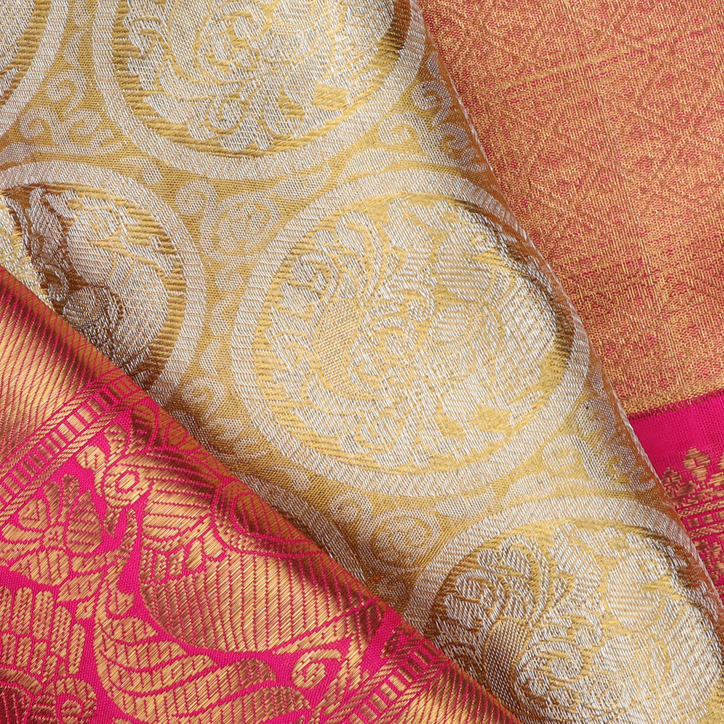 Golden Yellow Tissue Kanjivaram Silk Saree With Floral And Mayil Pattern