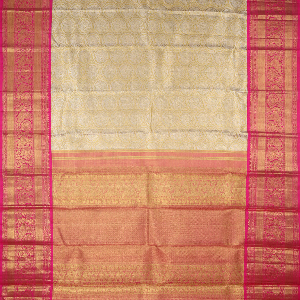 Golden Yellow Tissue Kanjivaram Silk Saree With Floral And Mayil Pattern