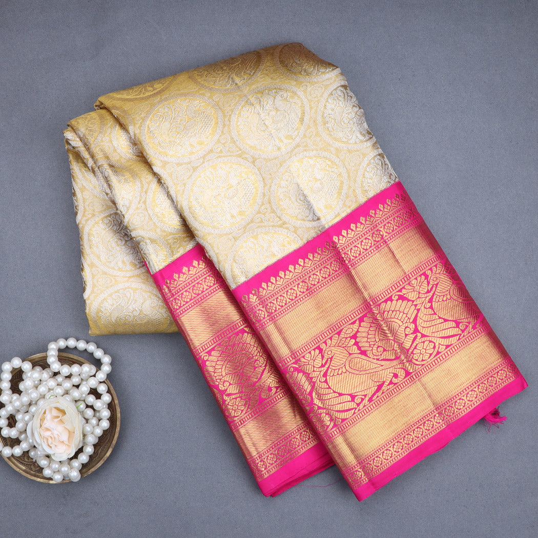 Golden Yellow Tissue Kanjivaram Silk Saree With Floral And Mayil Pattern