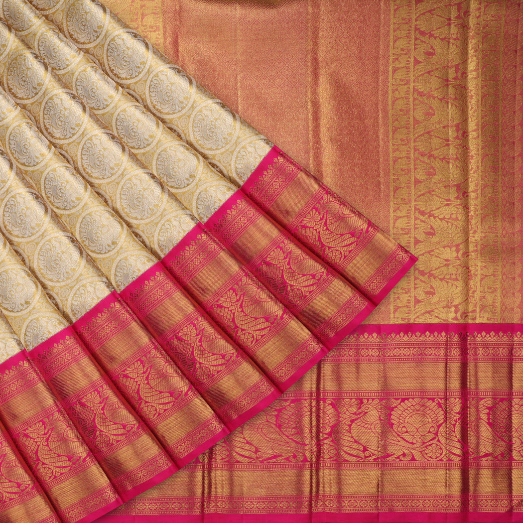 Golden Yellow Tissue Kanjivaram Silk Saree With Floral And Mayil Pattern