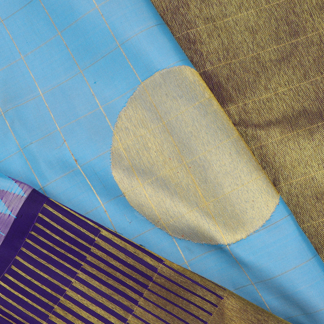 Bright Blue Kanjivaram Silk Saree With Checks Pattern