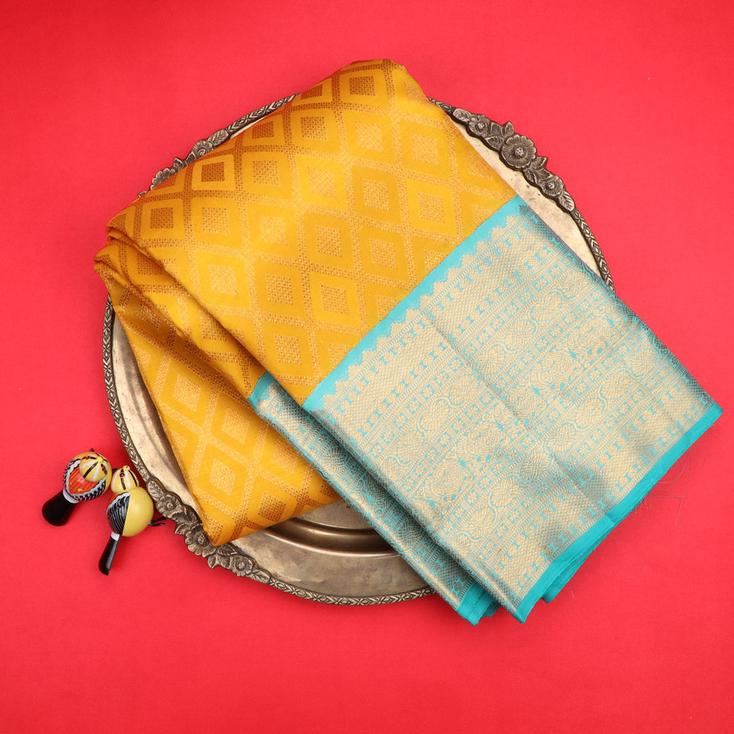 Turmeric Yellow Kanjivaram Silk Saree With Diamond Pattern