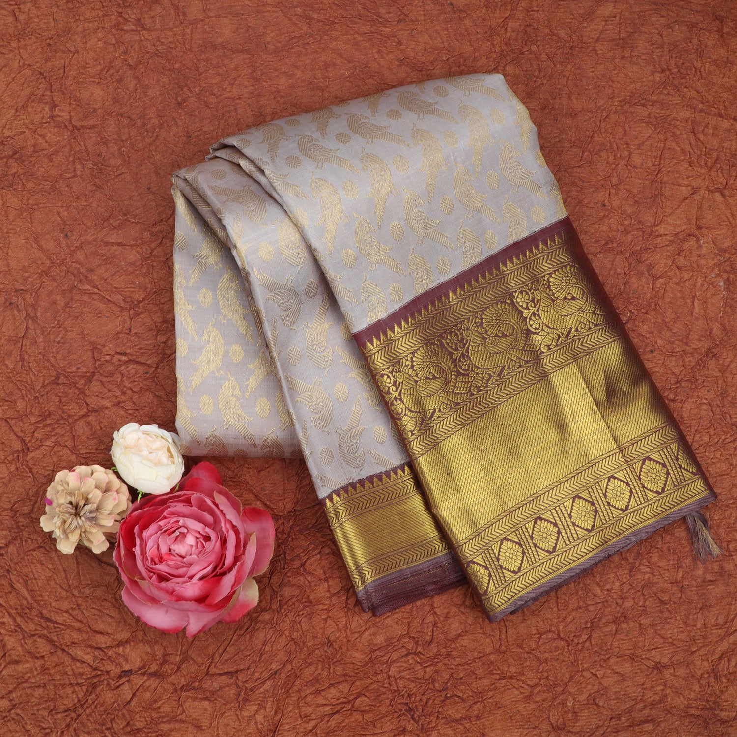 Pastel Purple Kanjivaram Silk Saree With Bird And Rudraksha Motifs