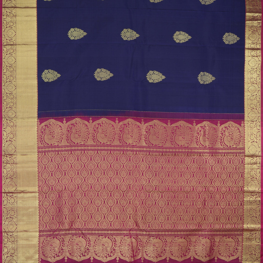 Dark Blue Kanjivaram Silk Saree With Floral Buttas