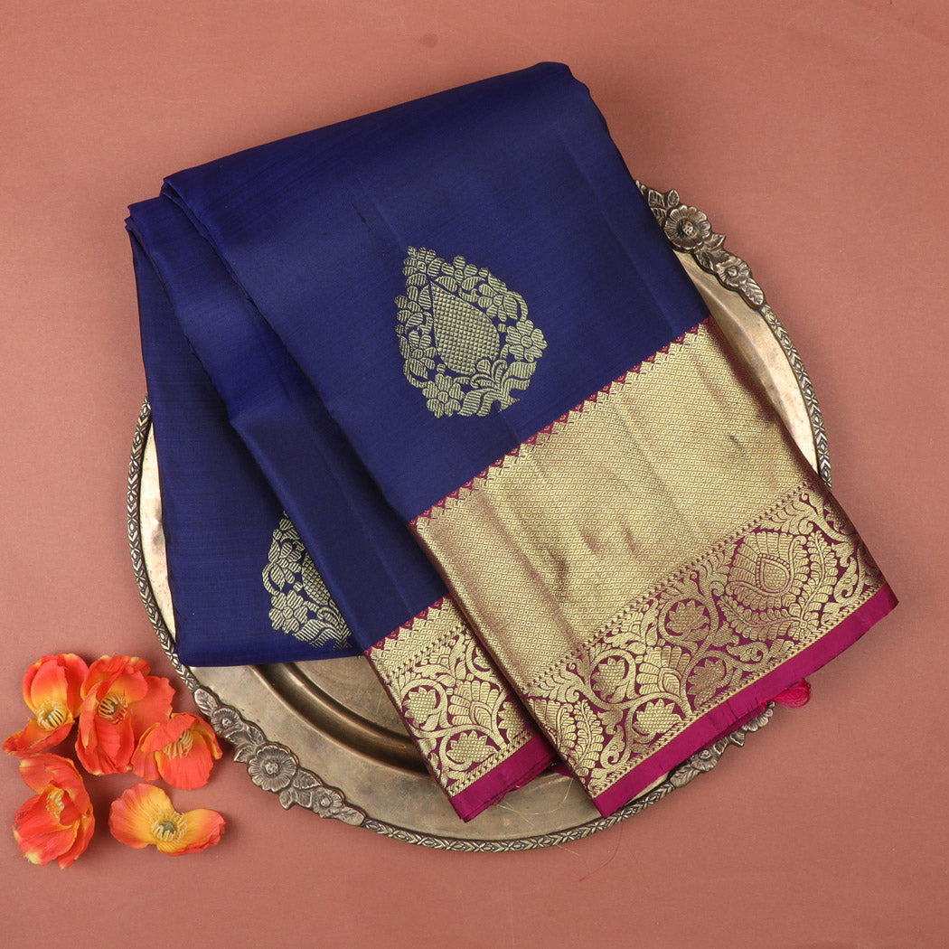 Dark Blue Kanjivaram Silk Saree With Floral Buttas