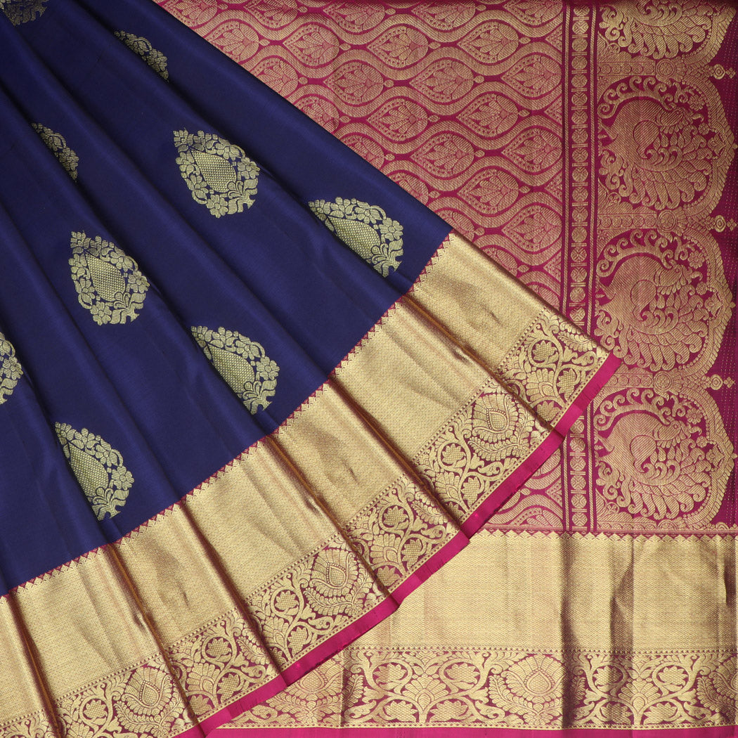 Dark Blue Kanjivaram Silk Saree With Floral Buttas