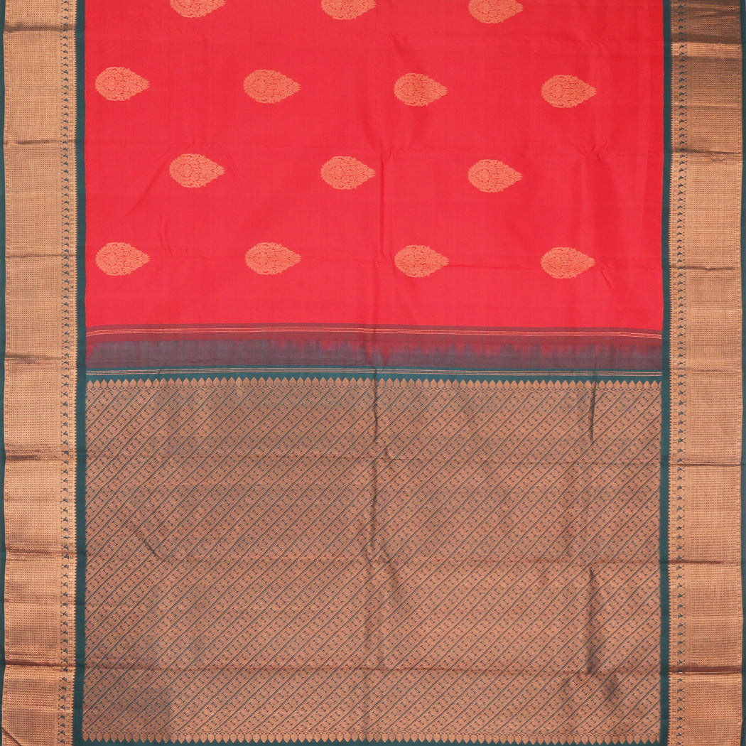 Candy Red Kanjivaram Silk Saree With Floral Buttas