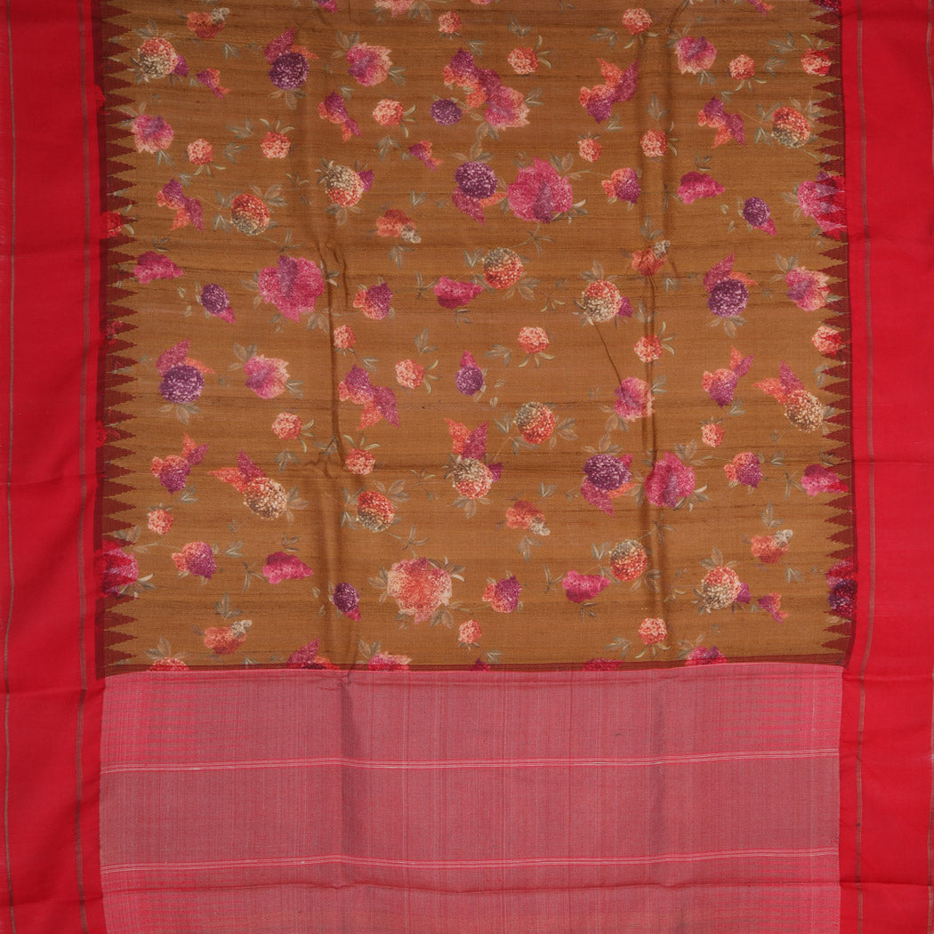 Greenish Brown Tussar Saree With Printed Floral Motifs