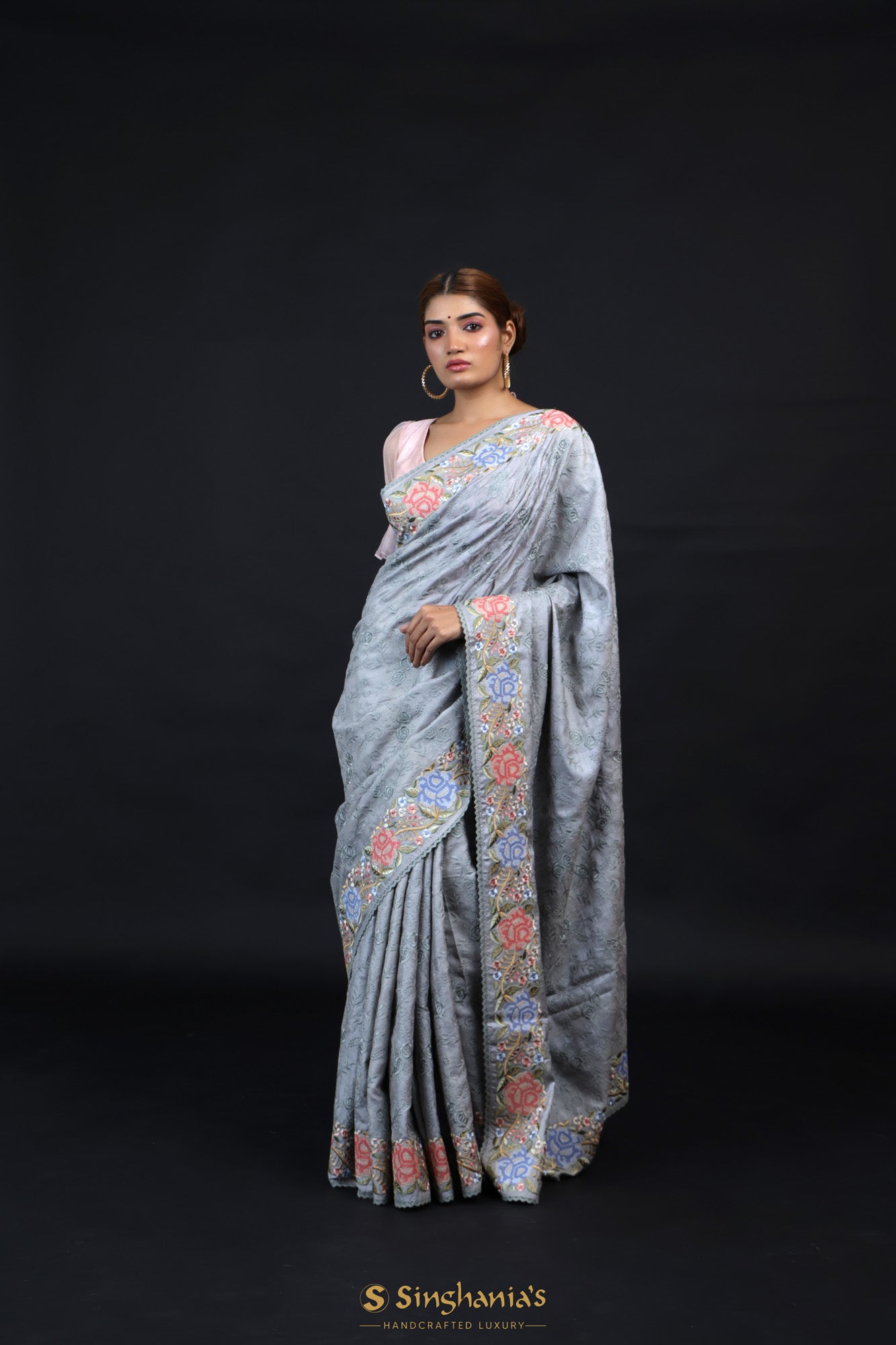 Dark Grey Tussar Silk Saree With Floral Embroidery