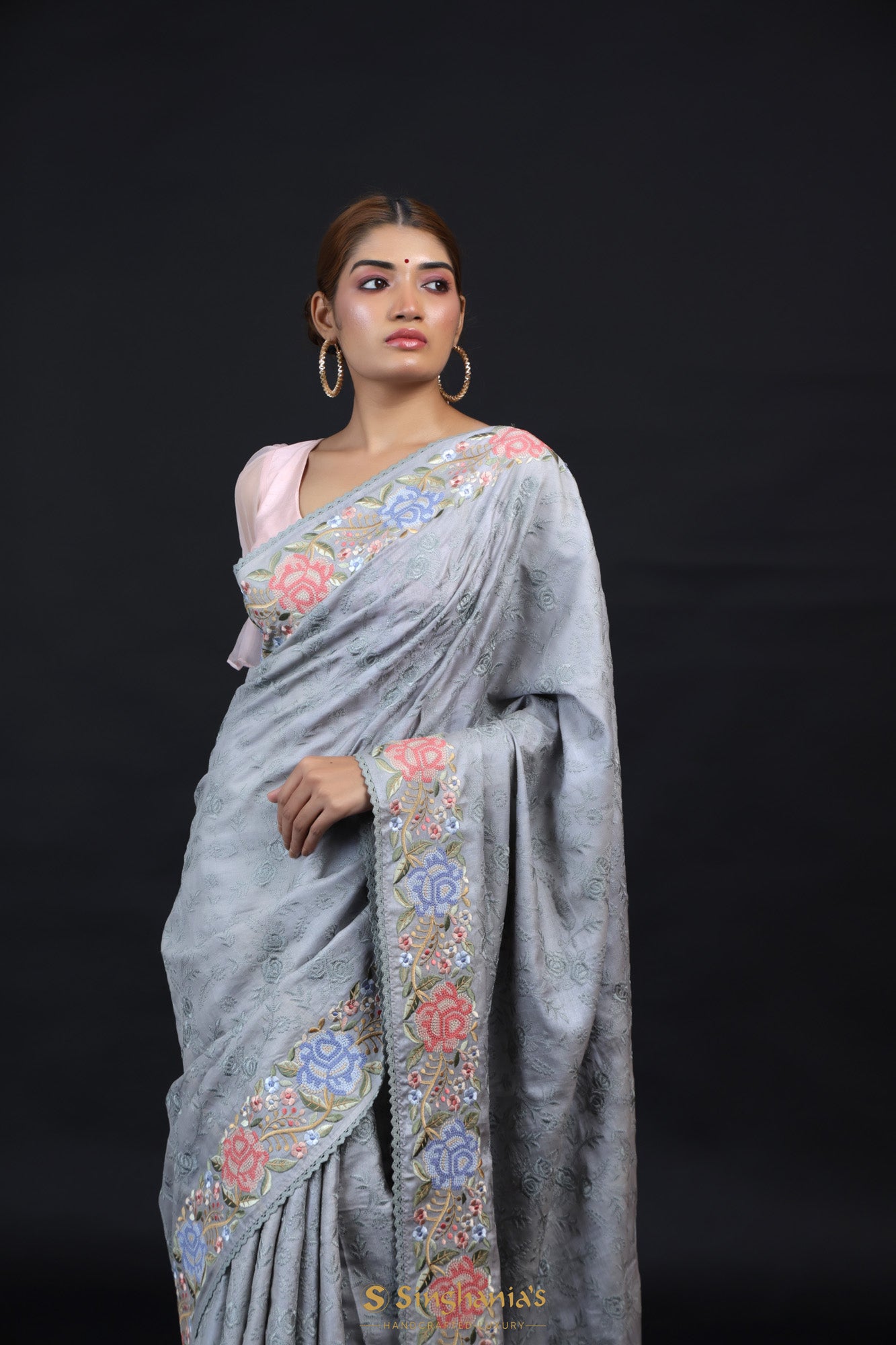 Dark Grey Tussar Silk Saree With Floral Embroidery