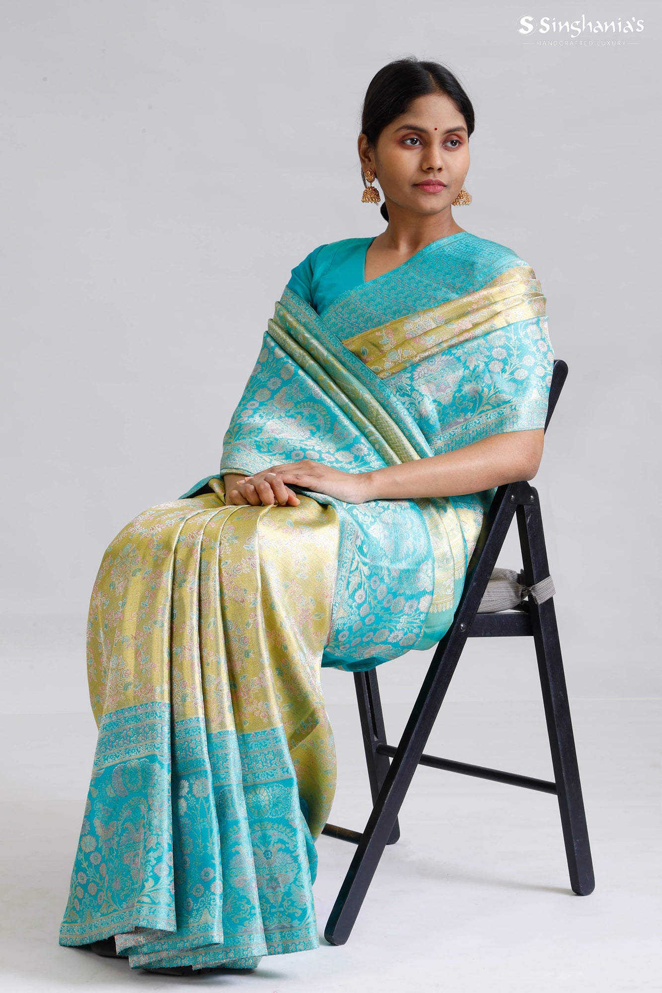 Green Gold Tissue Kanjivaram Silk Saree With Floral Jaal Design