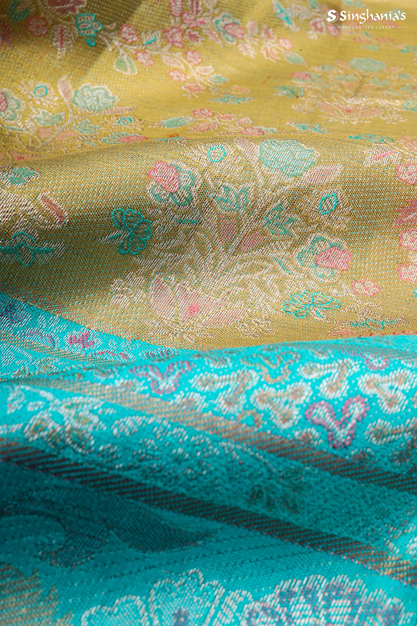 Green Gold Tissue Kanjivaram Silk Saree With Floral Jaal Design