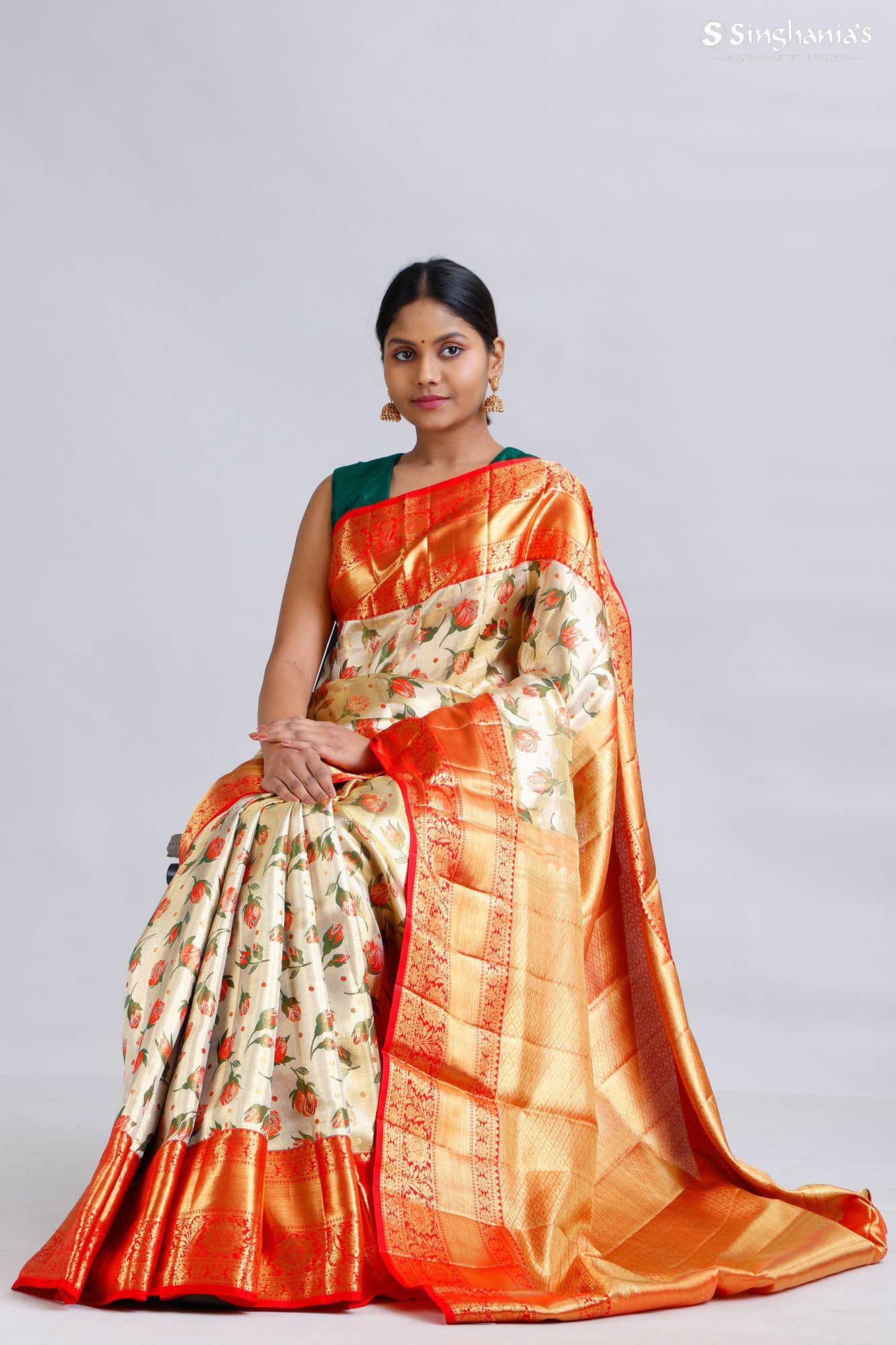 Light Gold Tissue Kanjivaram Silk Saree With Floral Motif Pattern