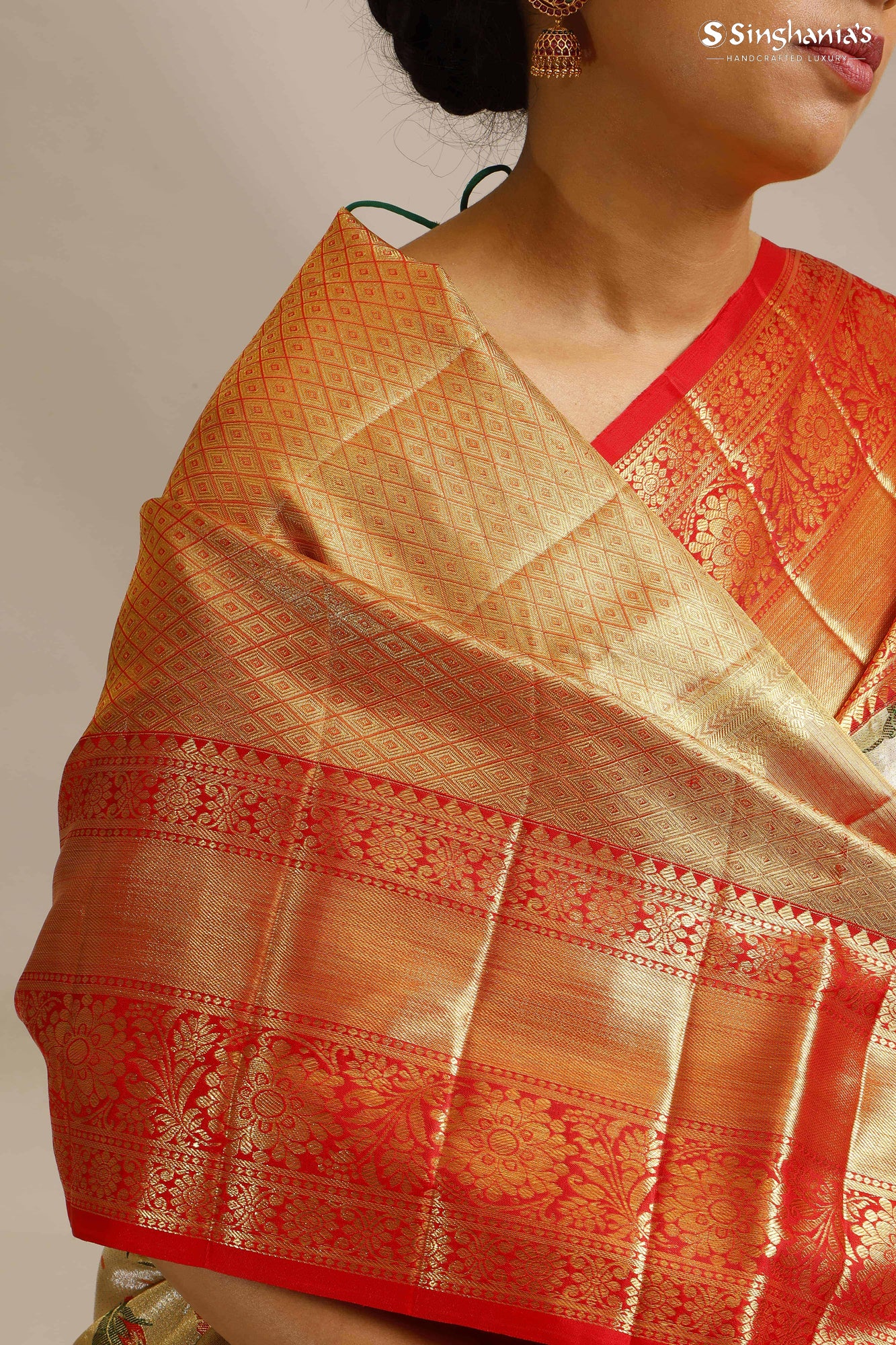 Light Gold Tissue Kanjivaram Silk Saree With Floral Motif Pattern