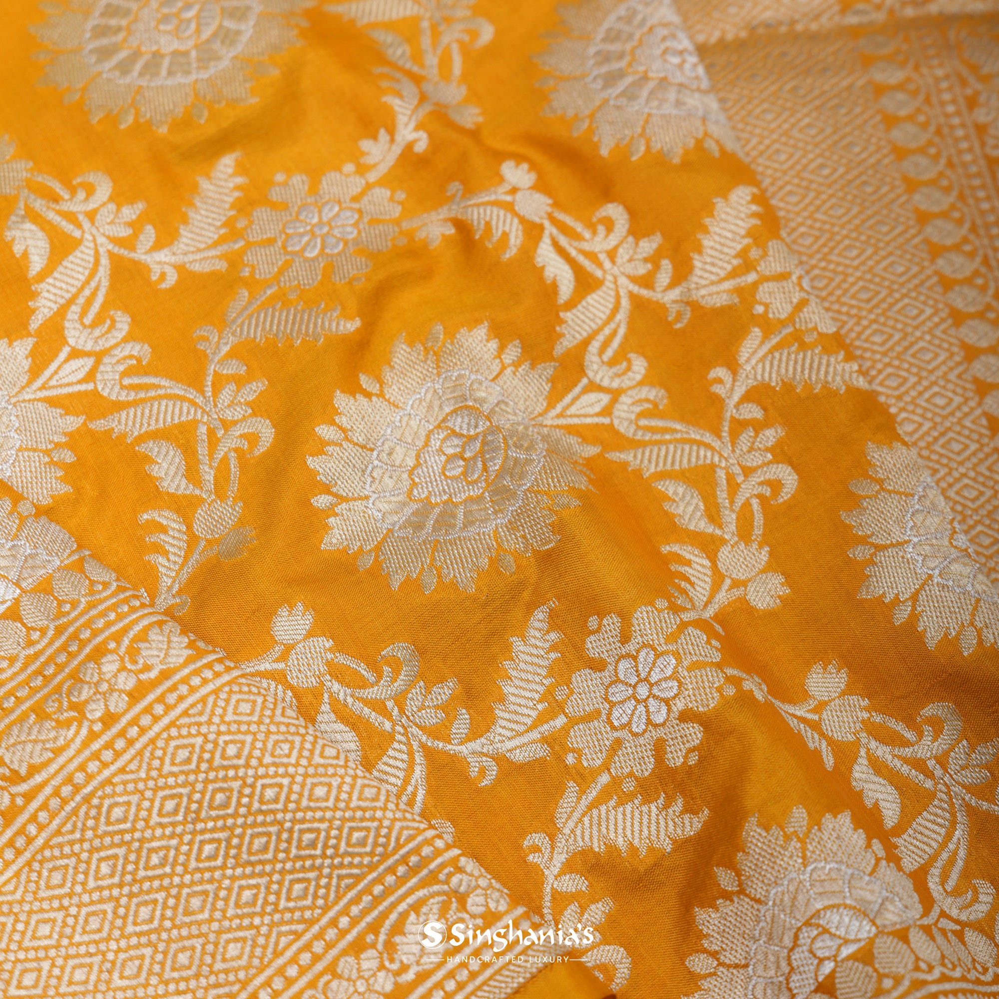 Orange Yellow Banarasi Silk Saree With Floral Jaal Weaving