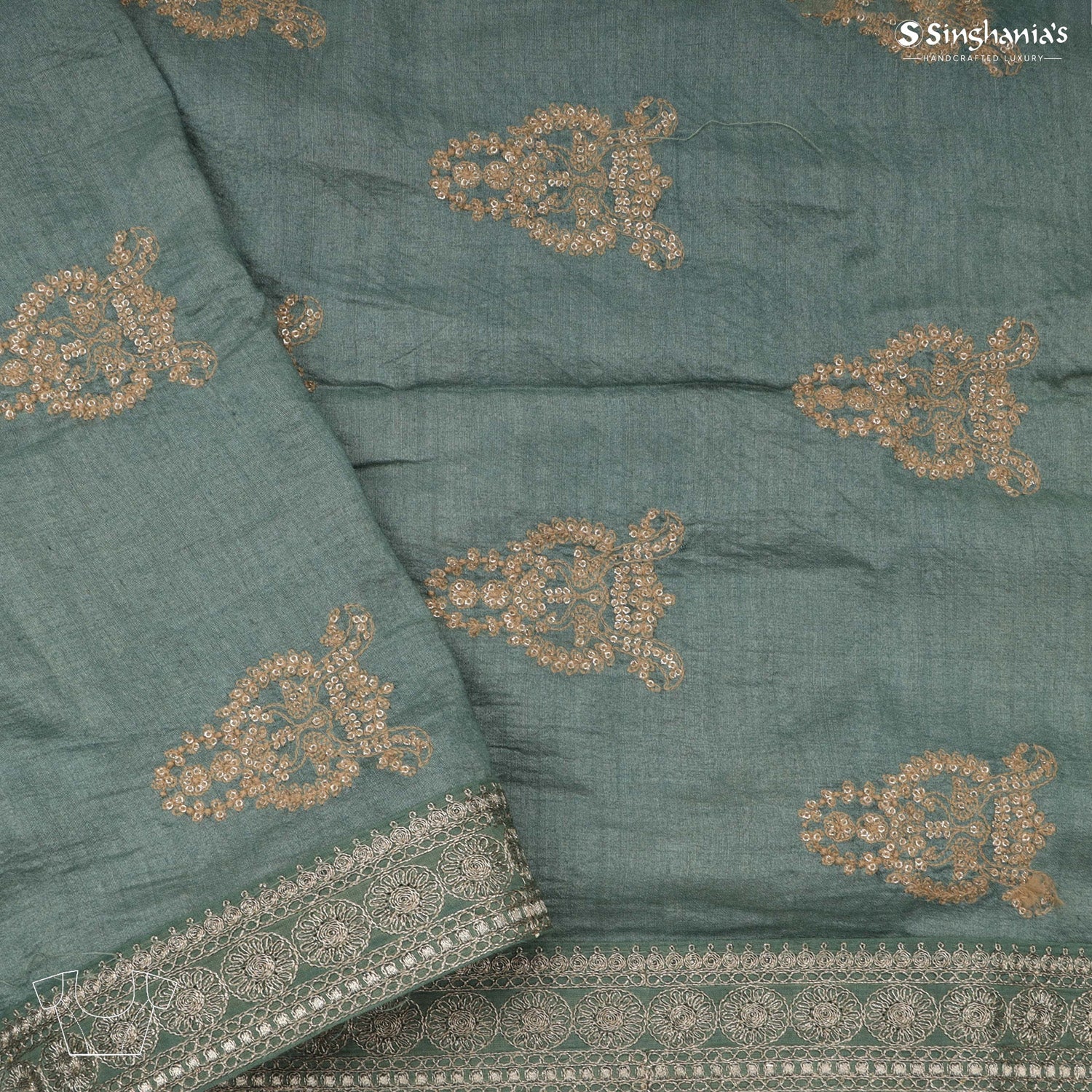 Earthy Green Printed Tussar Saree With Floral Embroidery