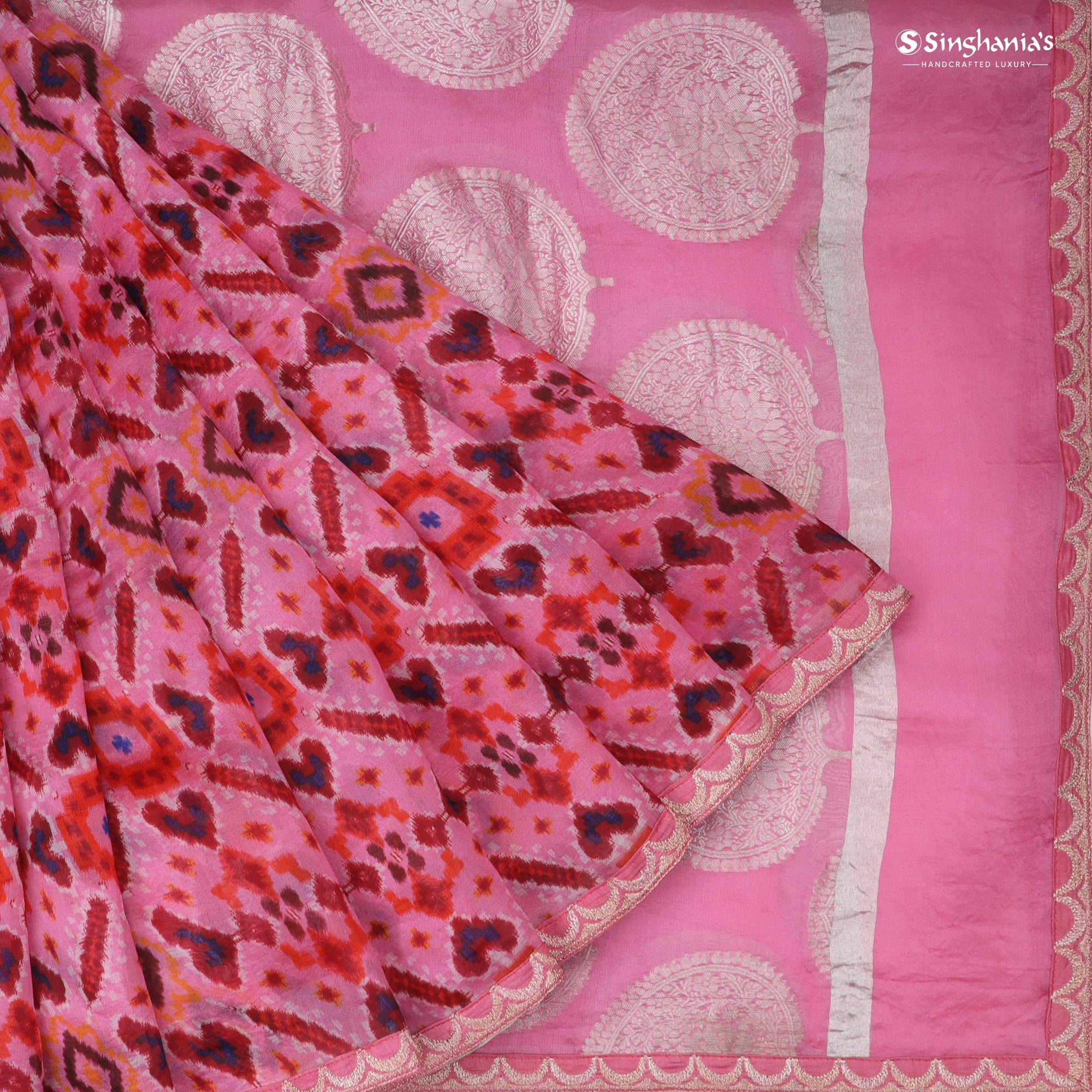 Flamingo Pink Printed Organza Saree With Embroidery