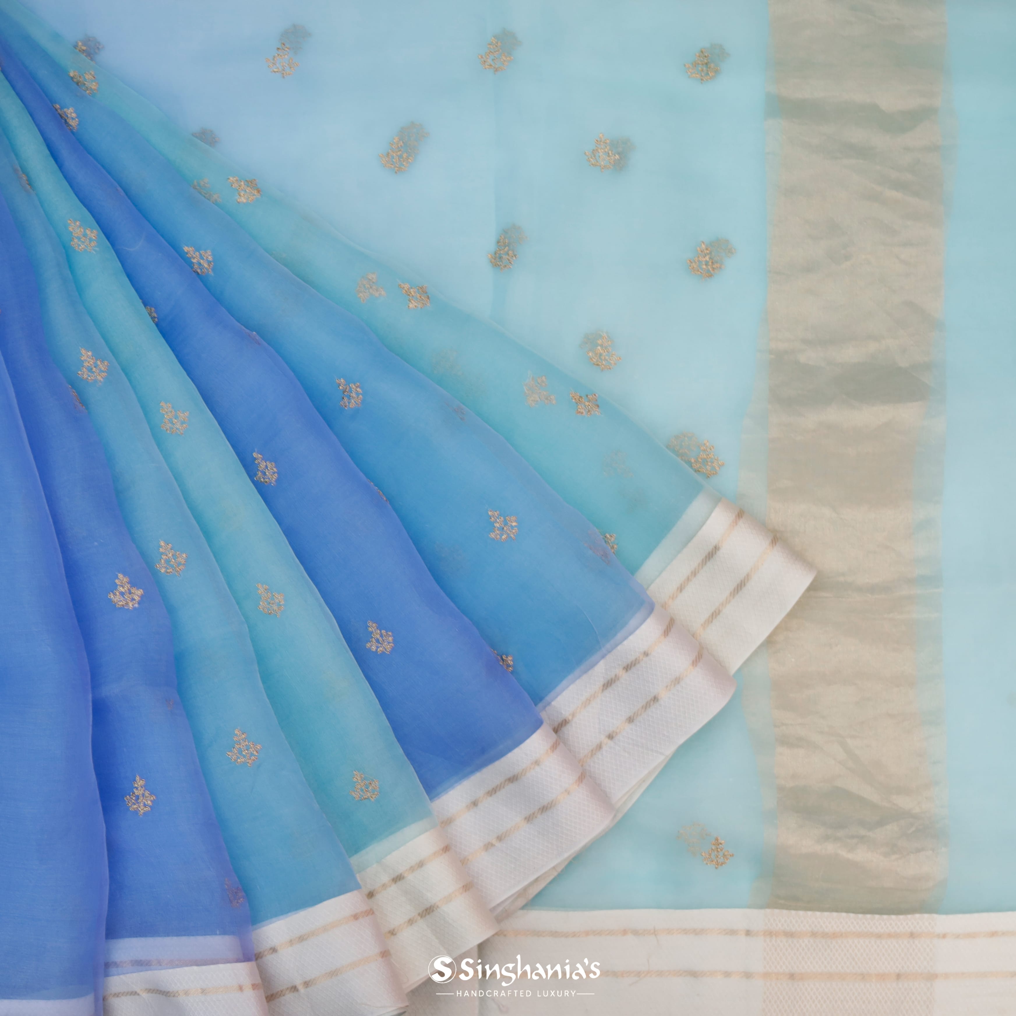 Dual Toned Blue Organza Embroidery Saree With Floral Buttas