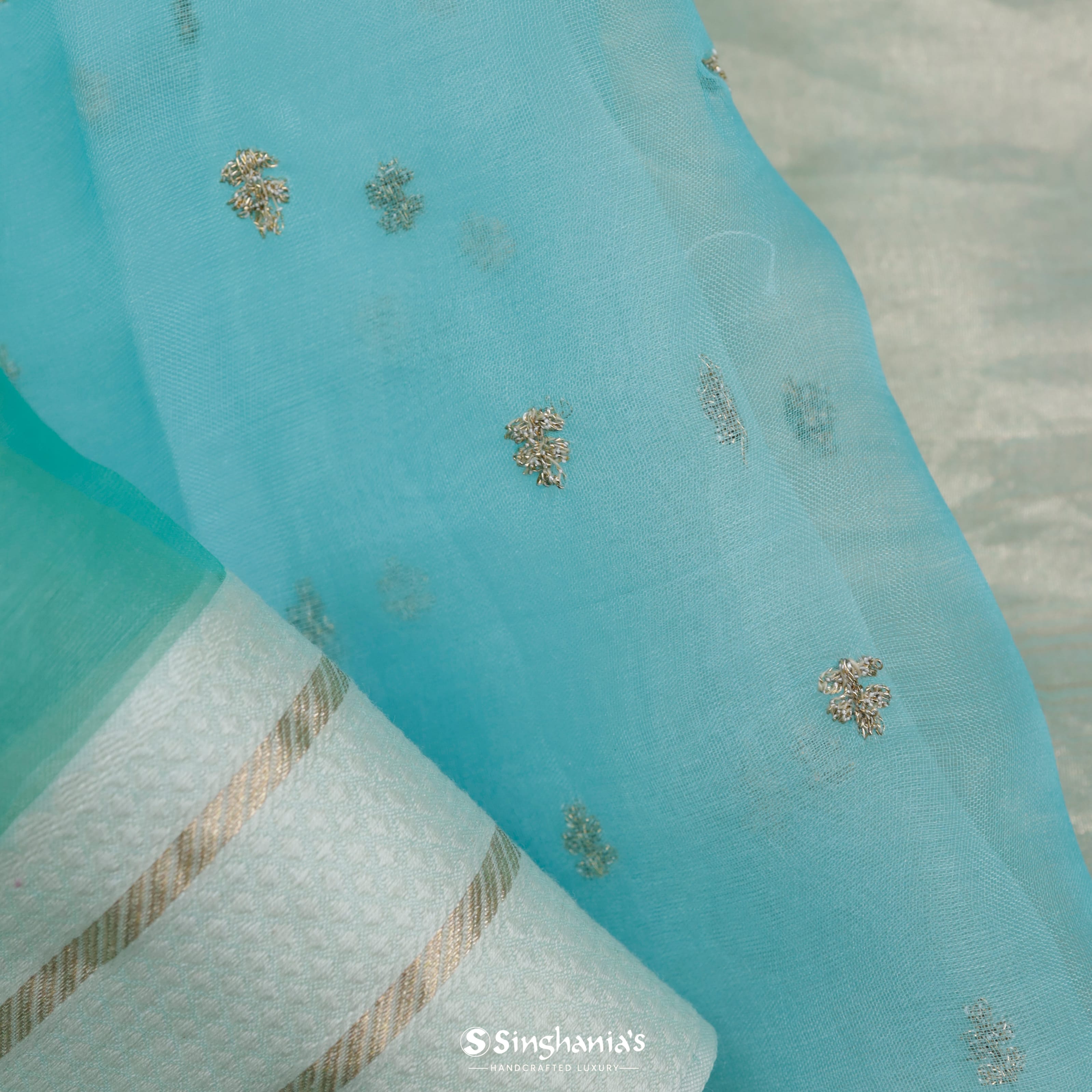 Blue Green Organza Embroidery Saree With Everyday Object Motif