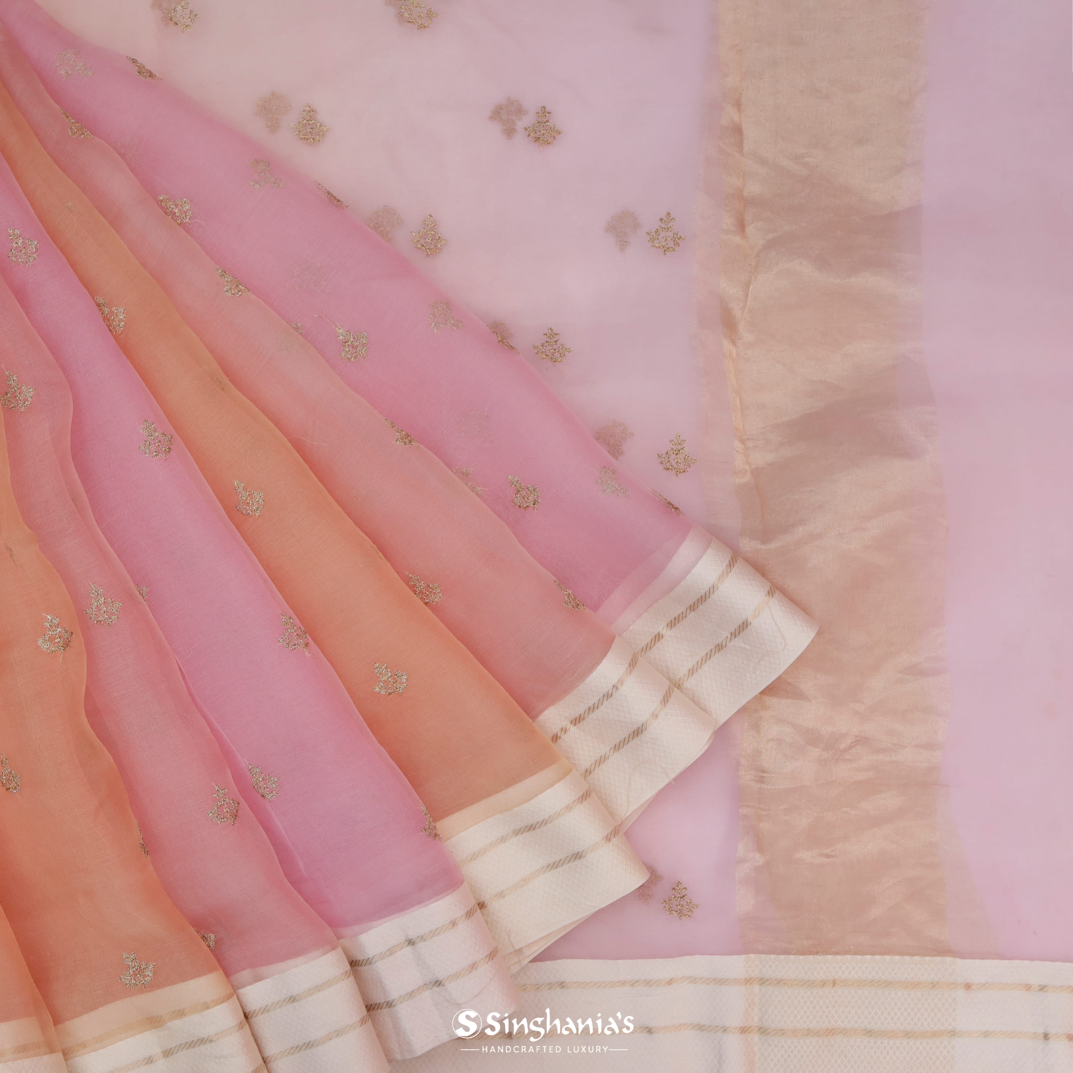 Dual Shade Pink Organza Embroidery Saree With Tiny Floral Buttis